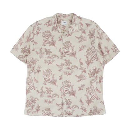 Beige Floral Short Sleeve Button Down