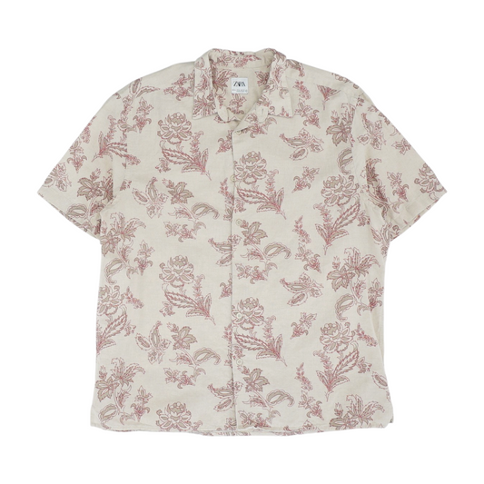 Beige Floral Short Sleeve Button Down