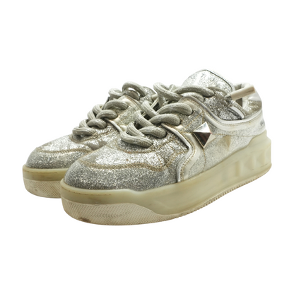 Silver One Stud Sneakers with Silver Glitter Finish