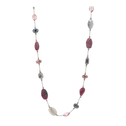 Sterling Silver Grey, Red, And Pink Stationed Multi-Gemstone Beaded Necklace