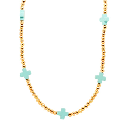 Gold Tone Ball Bead Chain With Teal Crosses Necklace