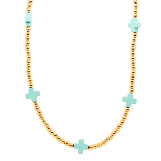 Gold Tone Ball Bead Chain With Teal Crosses Necklace