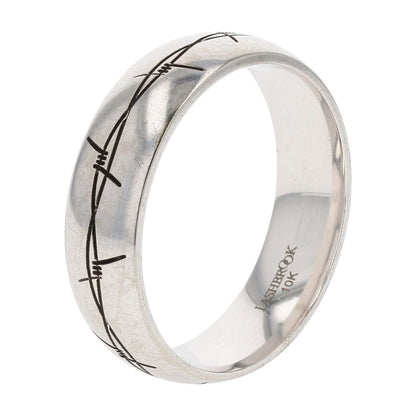 10K White Gold Barbed Wire Design On Plain Band