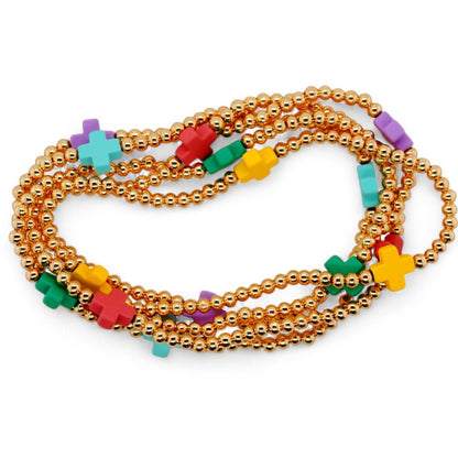 Gold Tone Ball Bead With Multi Color Crosses Stack Bracelets