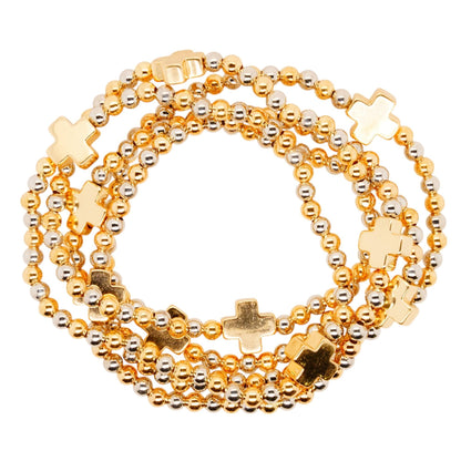 Gold Tone Cross With Gold And Silver Tone Bead Stack Bracelets