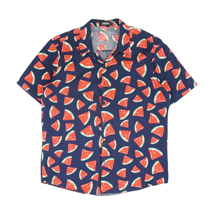Navy Graphic Short Sleeve Button Down
