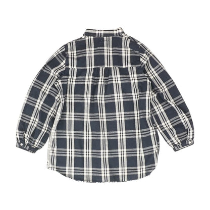 Navy Plaid Long Sleeve Blouse