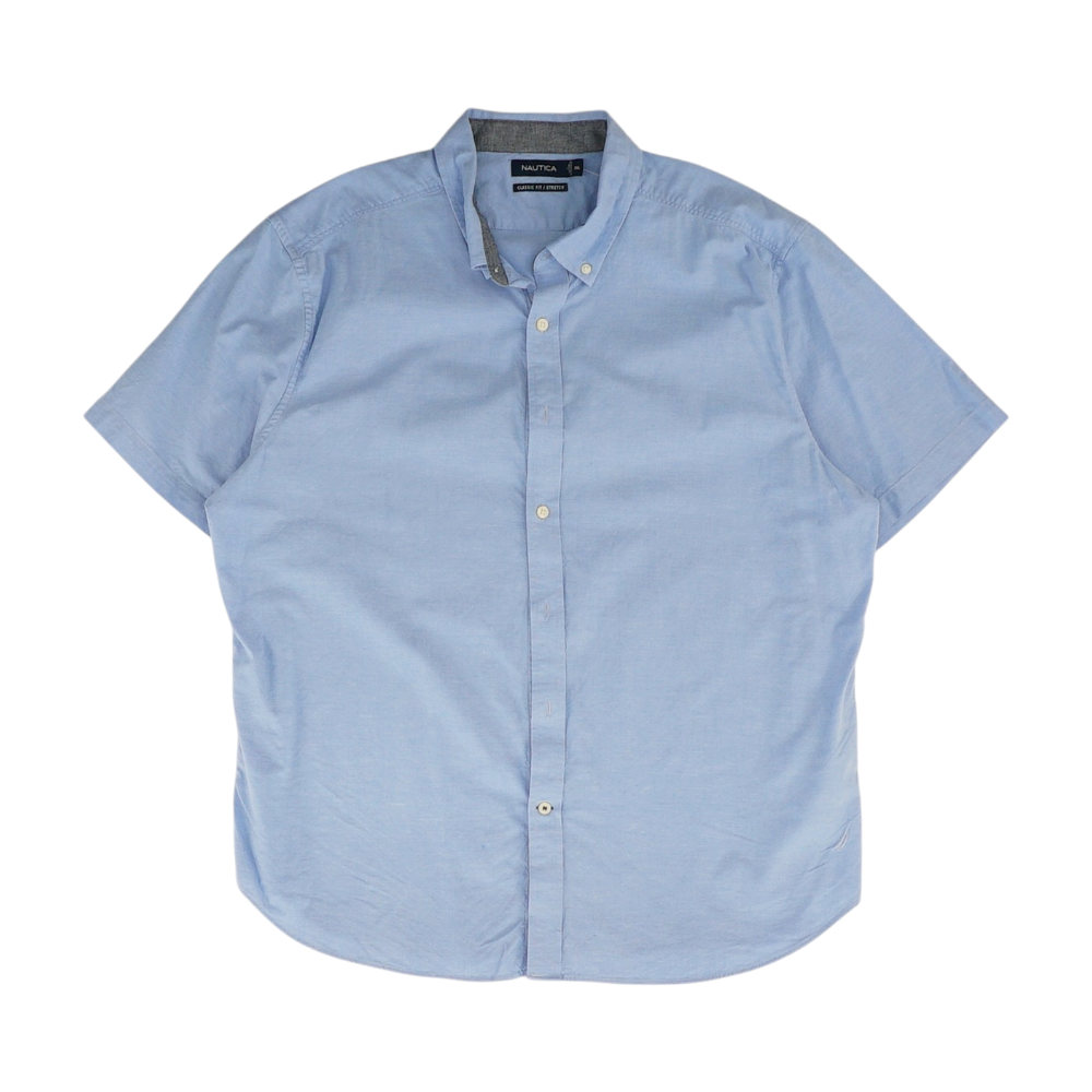 Blue Solid Short Sleeve Button Down