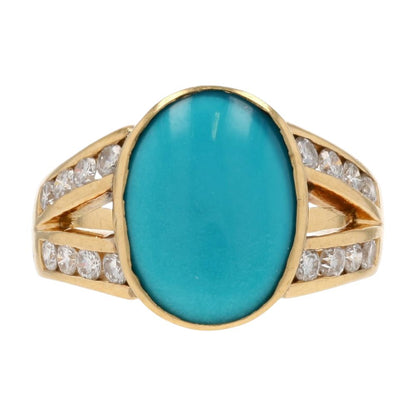 3/8 Ct 14K Gold Oval Blue Stone With Channel Set Round Diamond Cocktail Ring