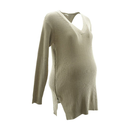 Tan V-Neck Maternity Sweater