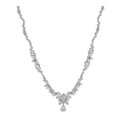 Rhodium Plated Cubic Zirconia Cluster Y Statement Necklace