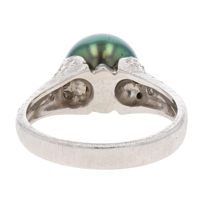 18K White Gold Tahitian Pearl Florentine With Diamond Accents Cocktail Ring