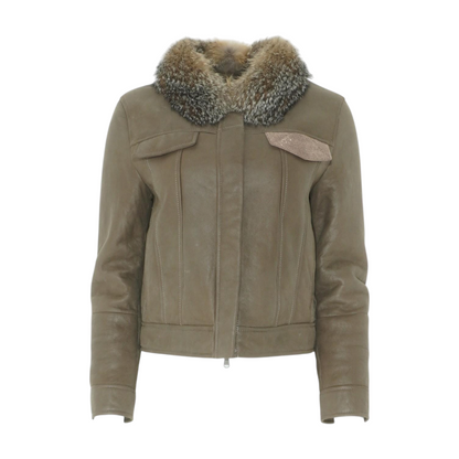 Brown Embellished Pocket Fox Fur Collar Shearling-Lined Trucker Jacket