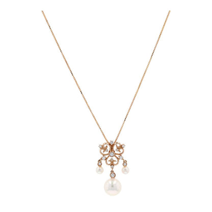 18K Gold Cultured Pearl Drops With Diamond Accents Chandelier Pendant Necklace
