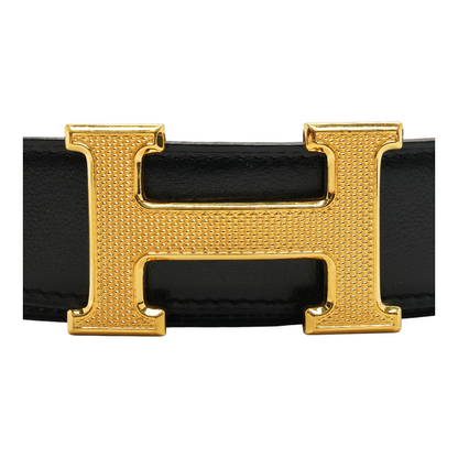 Noir & Etain H Guillochee Belt Buckle & Reversible Leather Strap 32mm in Box 135 & Togo Calfskin