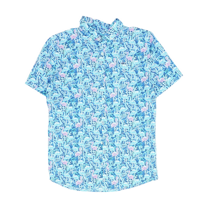 Blue Graphic Short Sleeve Button Down