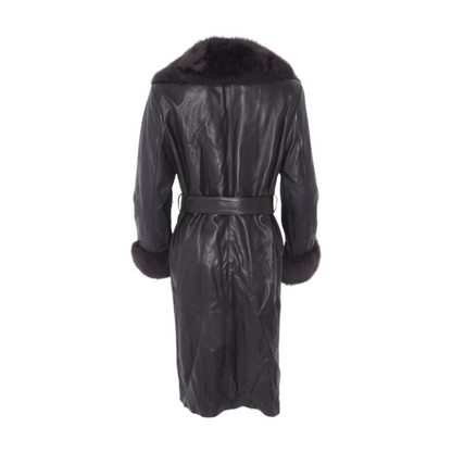 Black Shearling Collar Belted Leather Coat