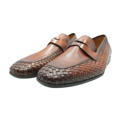 Brown Hyde Woven Leather Penny Loafers