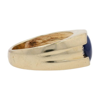 10K Gold Oval Blue Star Stone Cabochon With Round Diamond Accents Cocktail Ring