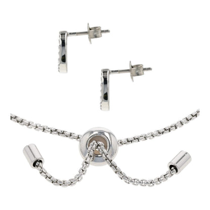 Silver Tone Heart Charm Slider Bracelet And Heart Stud Earrings Set
