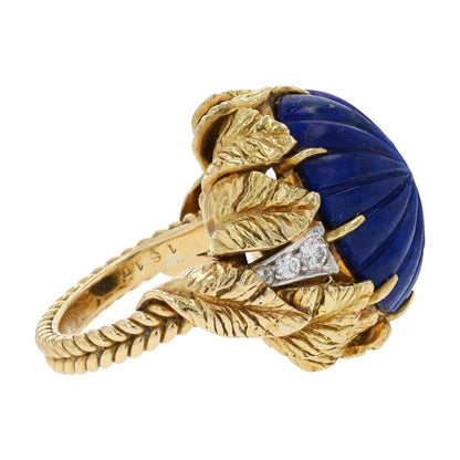 18K Gold Carved Lapis In Leaf Setting With Diamond Accents Cocktail Ring