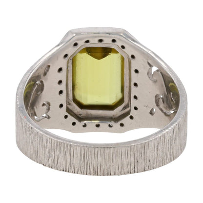 Platinum Emerald Cut Sphene With Diamond Halo And Brushed Shank Cocktail Ring