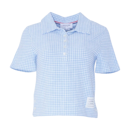 Blue Gingham-Check Tweed Short Sleeve Polo