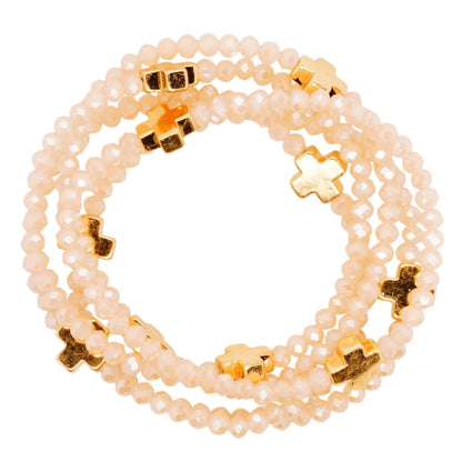 Gold Tone Cross With Beige Bead Stack Bracelets