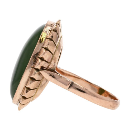 14K Gold Large Oval Green Stone Cabochon Cocktail Ring