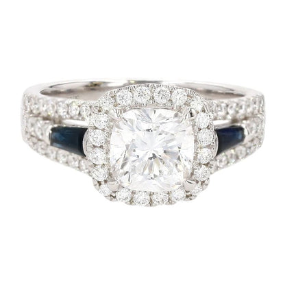 14K White Gold Cushion Cut Lab Grown Diamond With Sapphire Accents Band