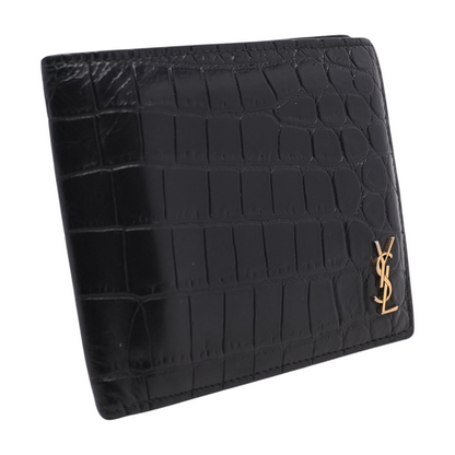 Black West Wallet in Crocodile Embossed Matte Leather
