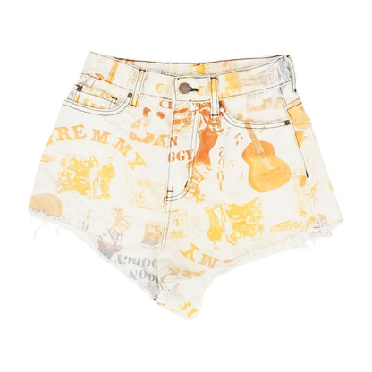 Orange Graphic Denim Shorts