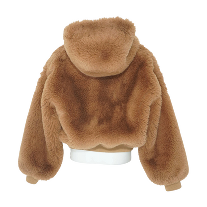 Brown Shrunken Faux Fur Zip Up Hooded Jacket