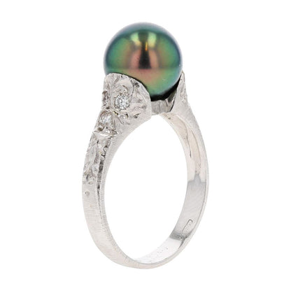 18K White Gold Tahitian Pearl Florentine With Diamond Accents Cocktail Ring