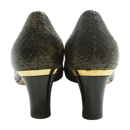 Brown Python Leather Block Heel Pumps