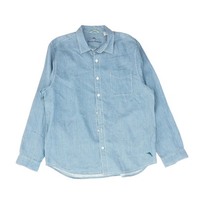 Blue Solid Long Sleeve Button Down