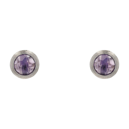 2 Ct 14K White Gold Rose Cut Brushed Bezel Set Amethyst Stud Earrings