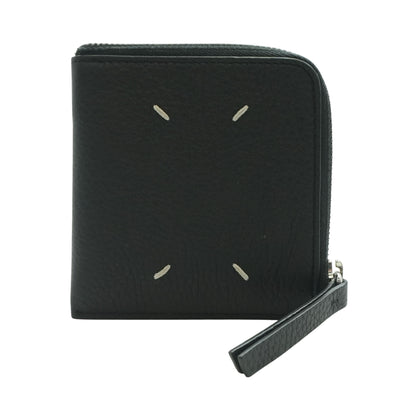 Black Grained Leather Four Stitches Zip Wallet