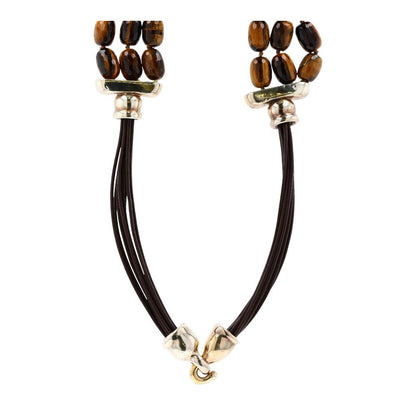 Silver Clasp Three Strand Faceted Tiger's Eye Beads And Leather Cords Necklace