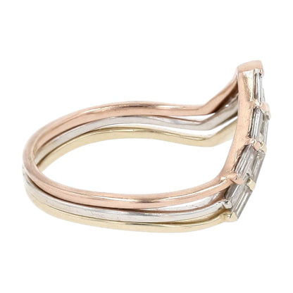 14K Tri Tone Gold Straight Baguette Lab Grown Diamond Chevron Three Piece Bands