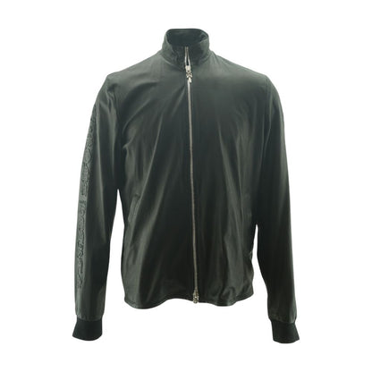 Black Logo Embroidered Sleeves Leather Jacket