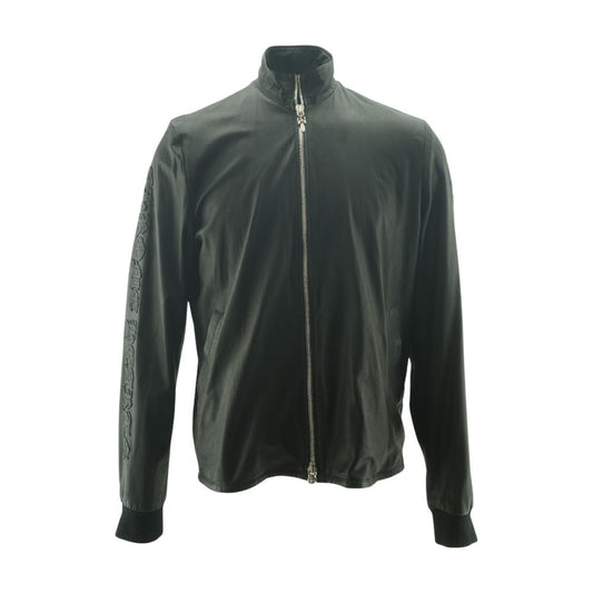 Black Logo Embroidered Sleeves Leather Jacket