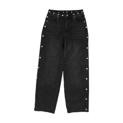 Black Solid Mid Rise Wide Leg Jeans