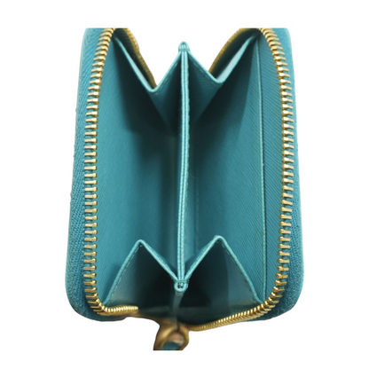 Blue Saffiano Leather Zip Around Wallet