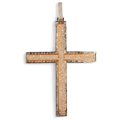 14K Two Tone Gold Oversized Round And Baguette Pave Diamond Cross Pendant
