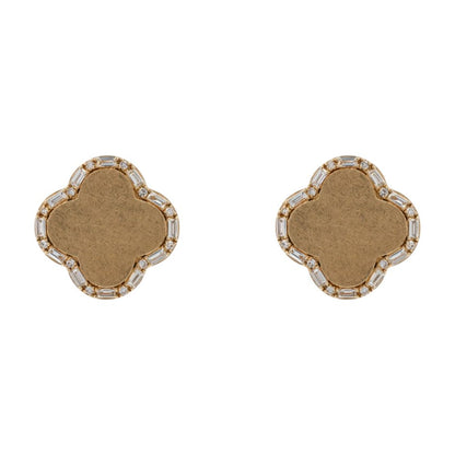 1/3 Ct 14K Gold Brushed Clover With Baguette Diamond Halo Stud Earrings