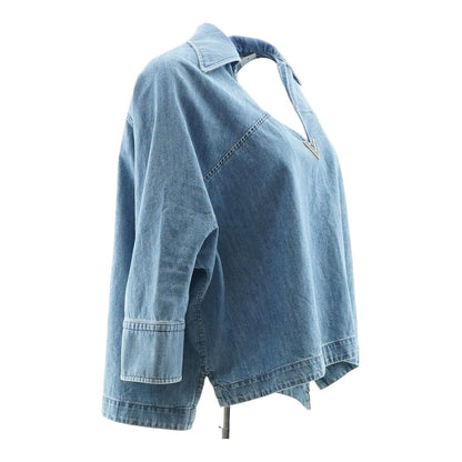 Blue Solid V-Neck Denim Long Sleeve Blouse