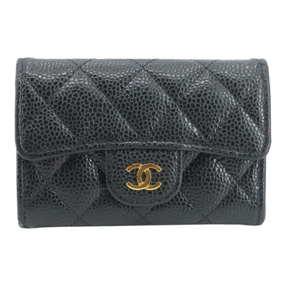 Black Classic Flap Card Holder in Quilted Caviar Leather