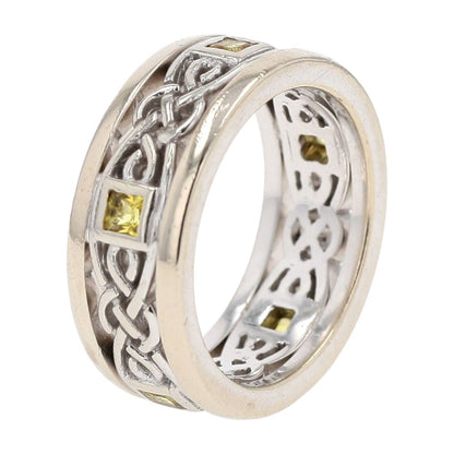14K White Gold Open Work Celtic With Square Yellow Stones Band