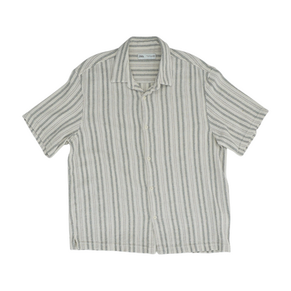 Beige Striped Short Sleeve Button Down